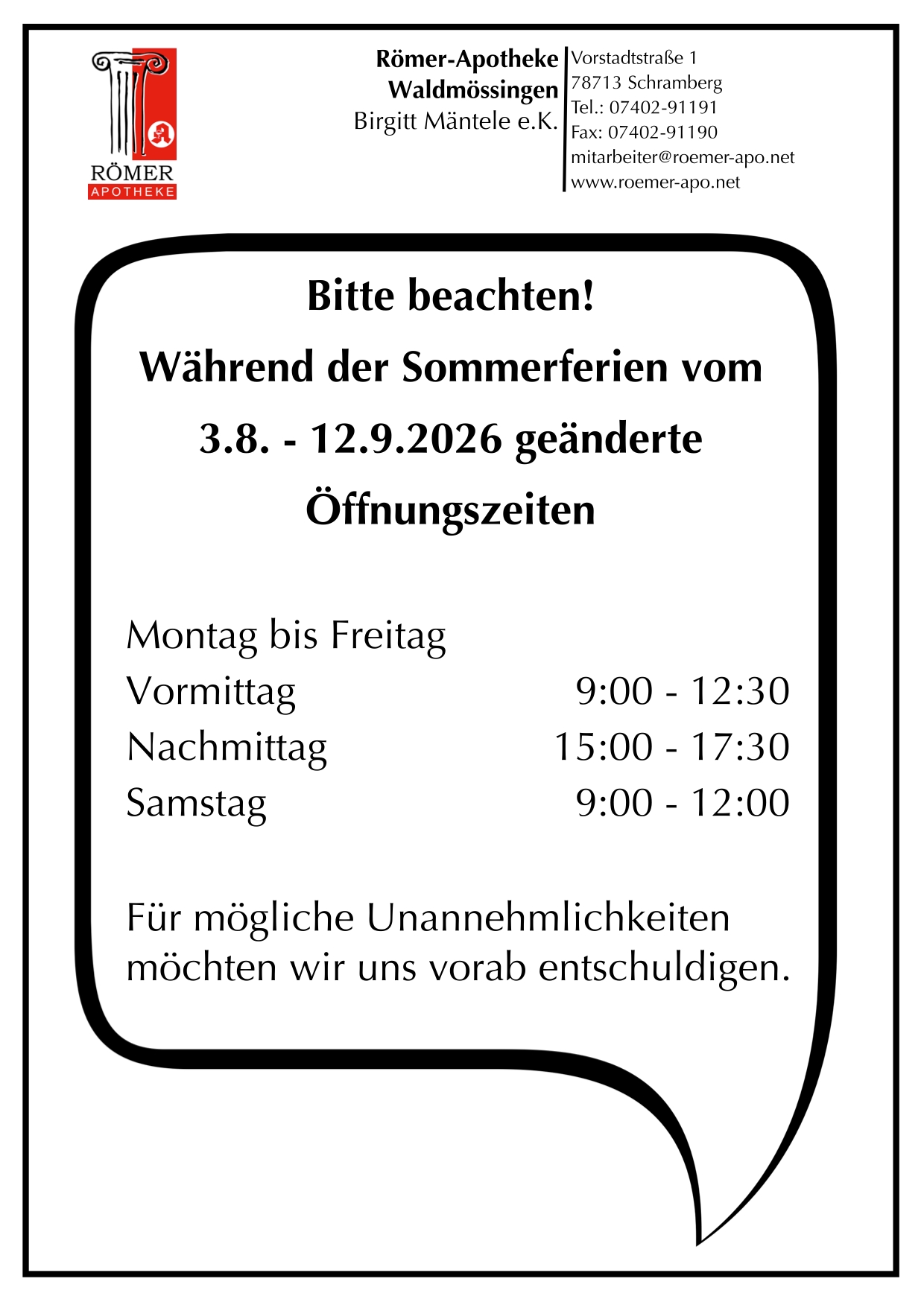 Sommeröffnungszeiten-Plan 2026 der Römer-Apotheke Waldmössingen