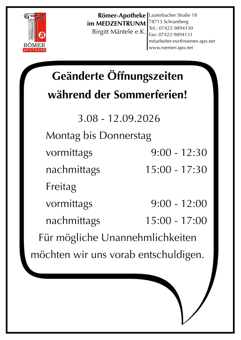 Sommeröffnungszeiten-Plan 2026 der Römer-Apotheke im MEDZENTRUM