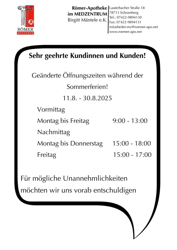 Ferienöffnungszeiten Ferienöffnungszeiten der Römer-Apotheke im Medzentrum
