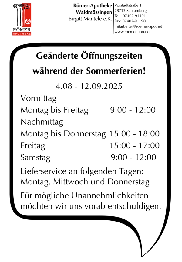 Ferienöffnungszeiten Ferienöffnungszeiten der Römer-Apotheke Waldmössingen